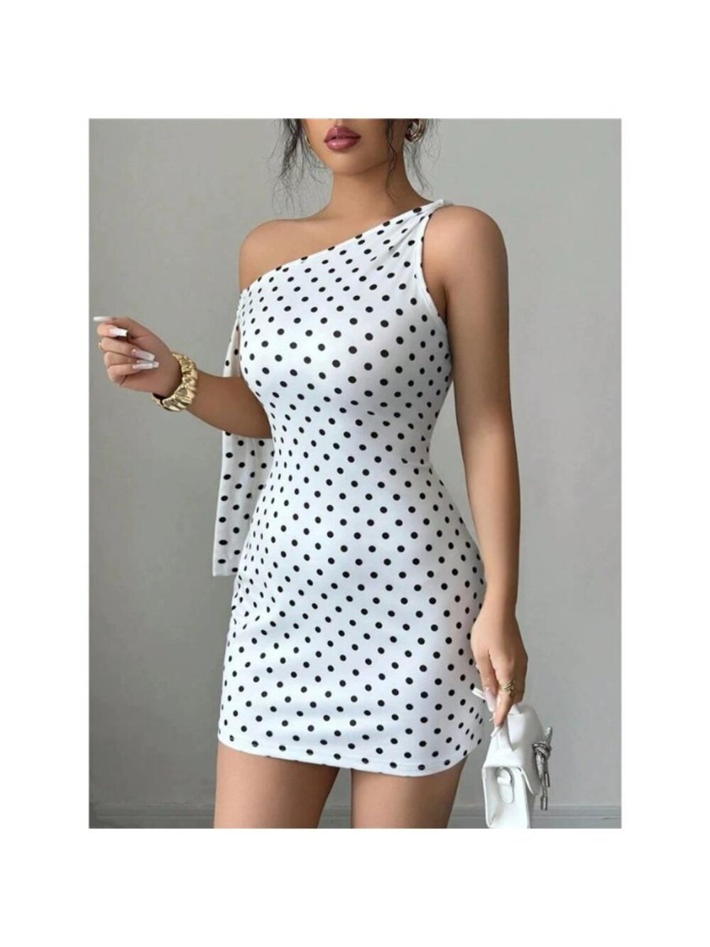 One-Shoulder Polka Dot Bodycon Mini Dress